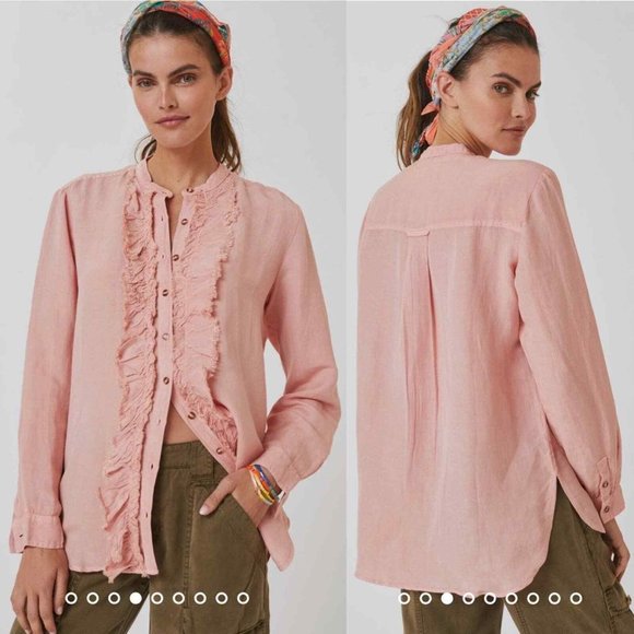 Pilcro Anthropologie Peachy Pink Placket Linen Ruffle Button Down Blouse Small - Picture 1 of 8